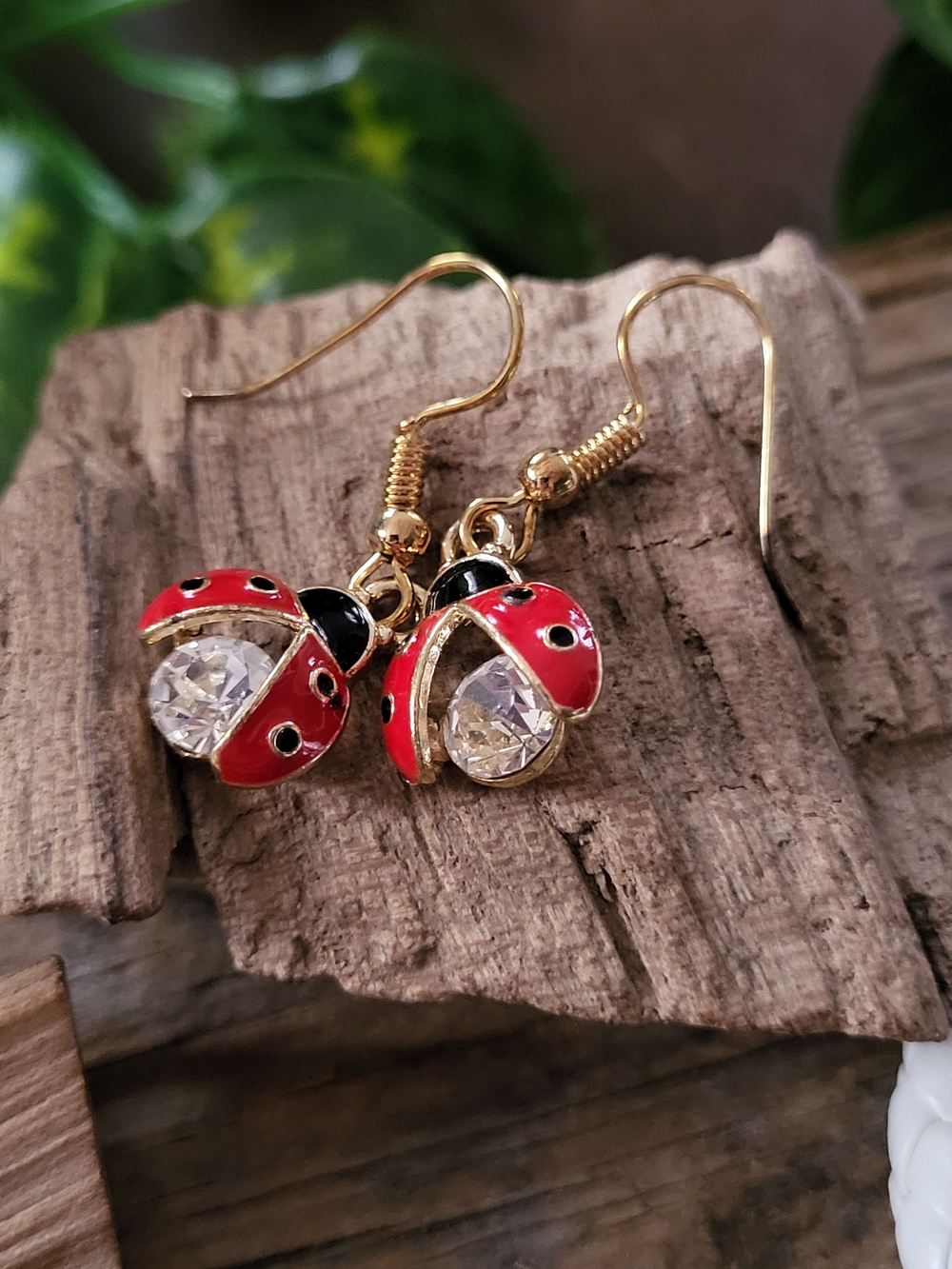 Gold-Tone Red Ladybug Crystal Drop Earrings